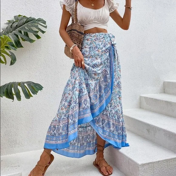 π BOHO BLUE FLORAL WRAP HIGH WAIST RUFFLE MAXI SKIRT! - Picture 1 of 8